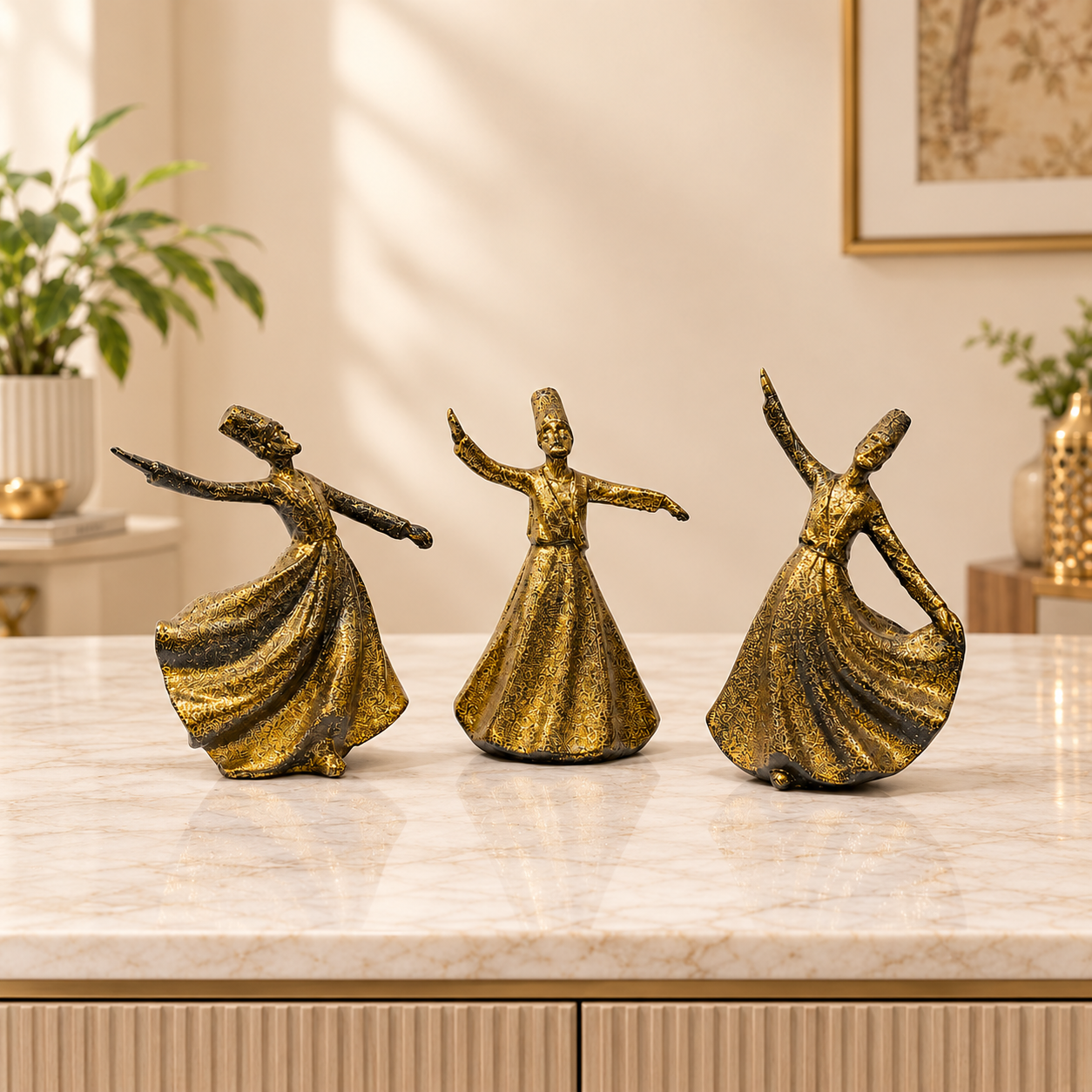 3-Pcs Set of Glitter Finished Antique Golden-Black Resin Statues of Dancing Sufis