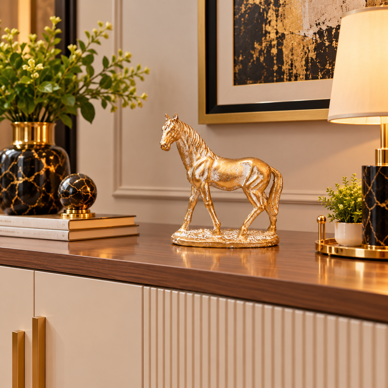 Antique Golden-White Statue of Mini Horse