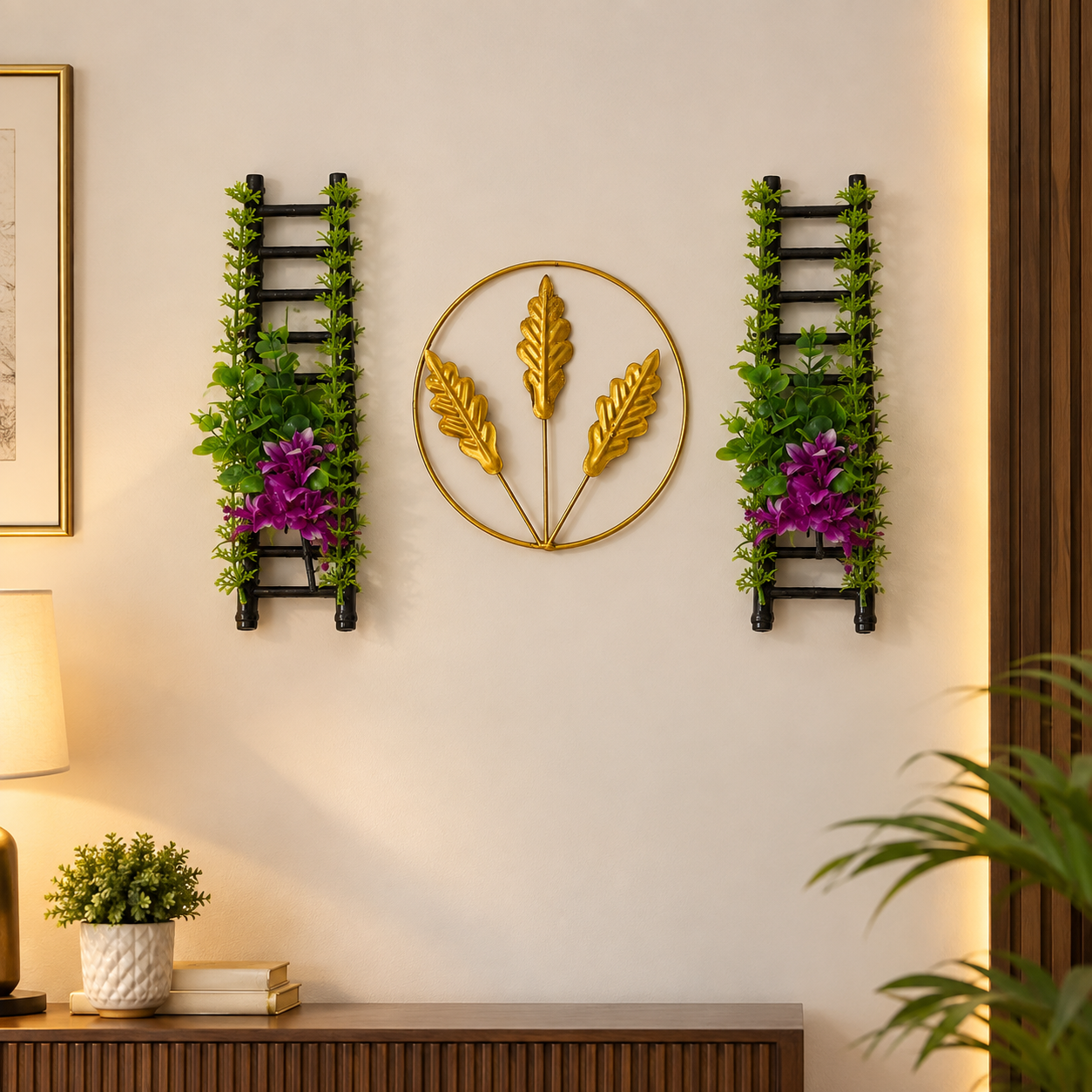Golden Metallic Mini Round Wall hanging between 2 Black Ladders with artificial Purple flowers & Green Foliage