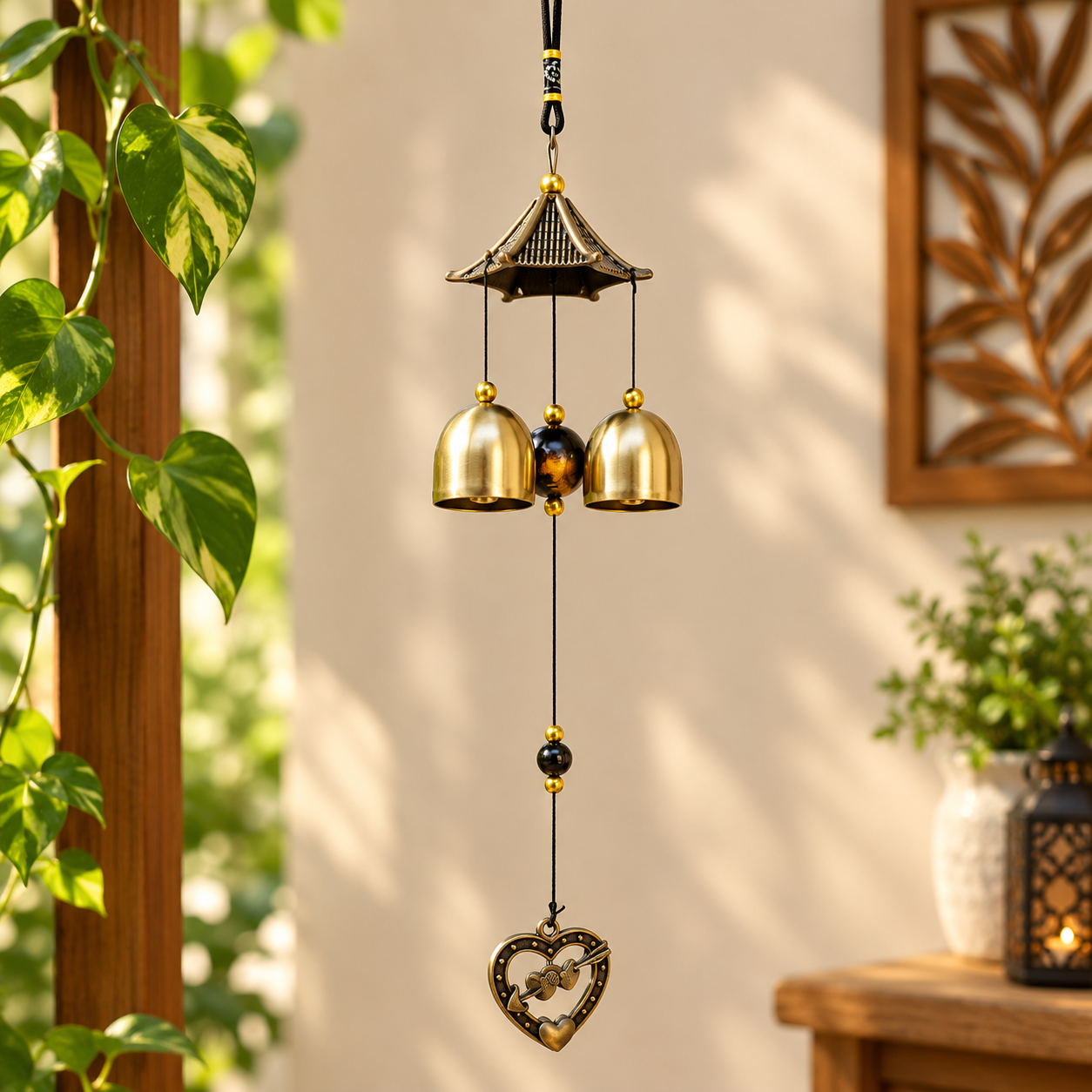 Metallic Wind Chime with a small pagoda-style top canopy, three crisp bells, and a heart-shaped charm hanging at the bottom