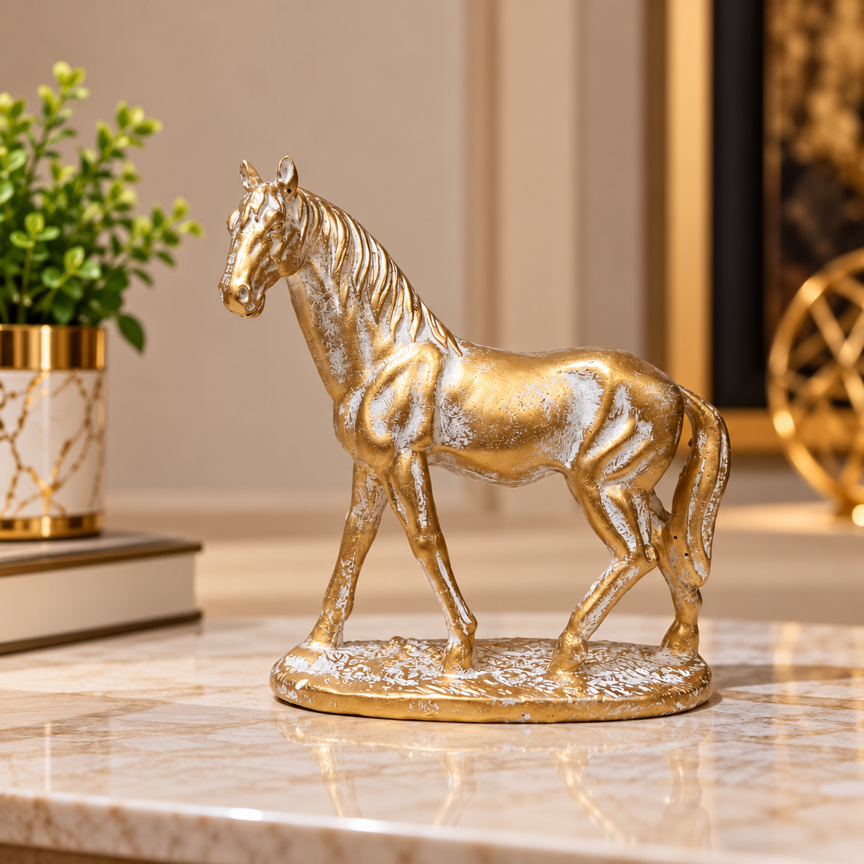 Antique Golden-White Statue of Mini Horse