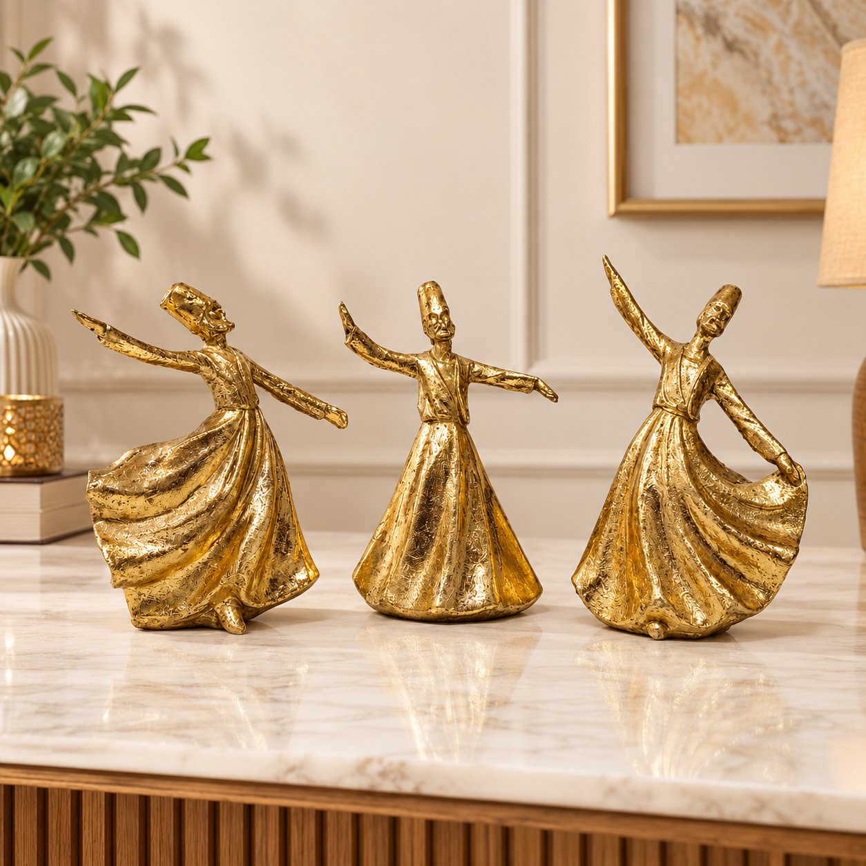 3-Pcs Set of Golden Resin Statues of Dancing Sufis