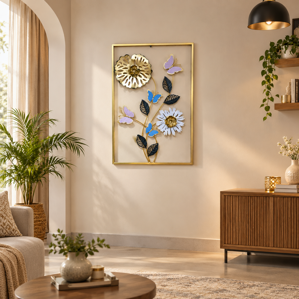 Imported 3D Metal Flower and Butterfly Wall Art Frame in a rectangular gold finish