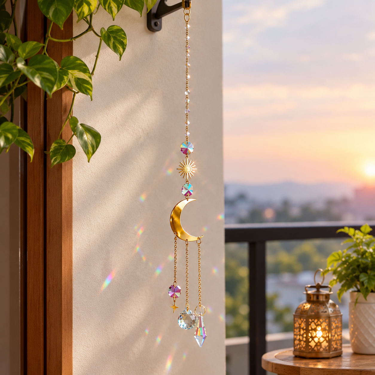 Golden Metallic Hanging Ornament with a Crescent Moon, Stars and Suncatcher Crystal Charm
