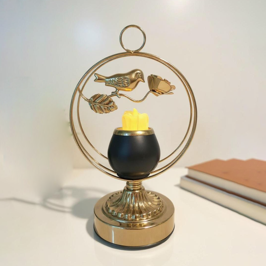 Golden Metallic Candle Stand with Sparrow inside Circle (with LED Candle)