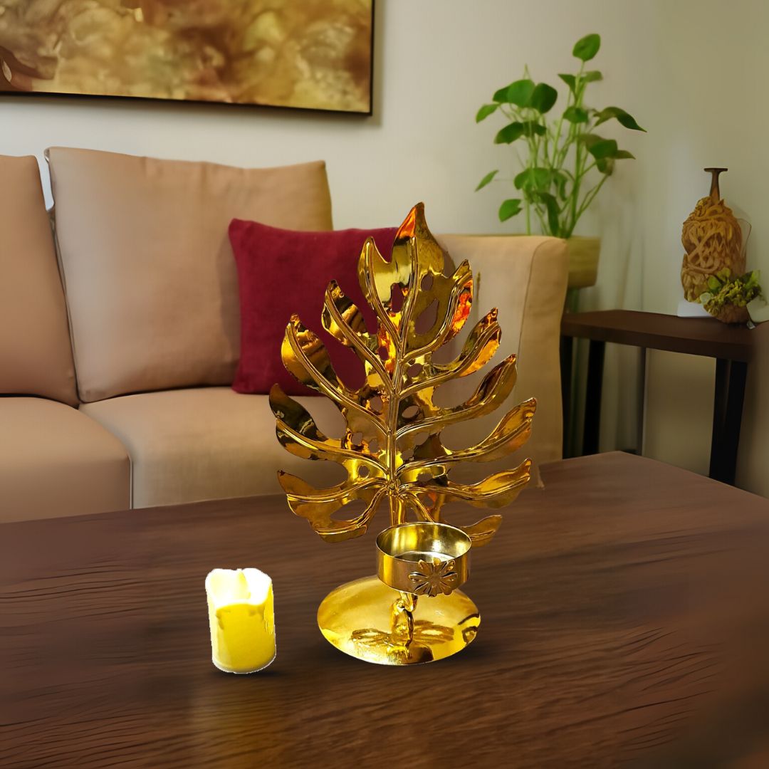 Golden Metallic Leaf Candle Stand with Flameless Candle