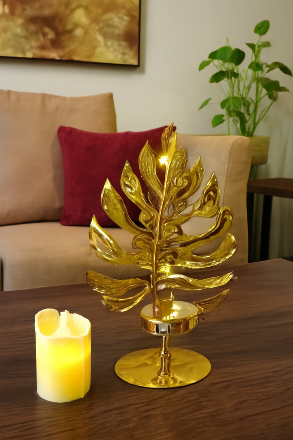 Golden Metallic Leaf Candle Stand with Flameless Candle