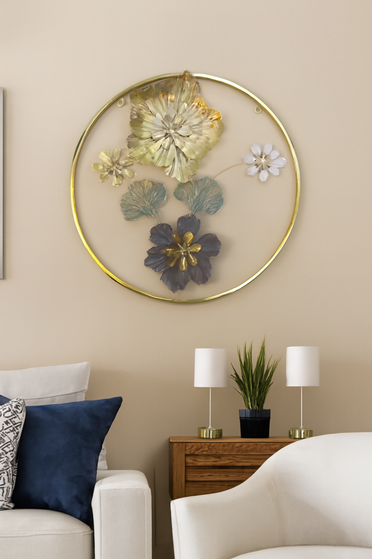 Golden Metallic Round 3d Flowers Wall Décor