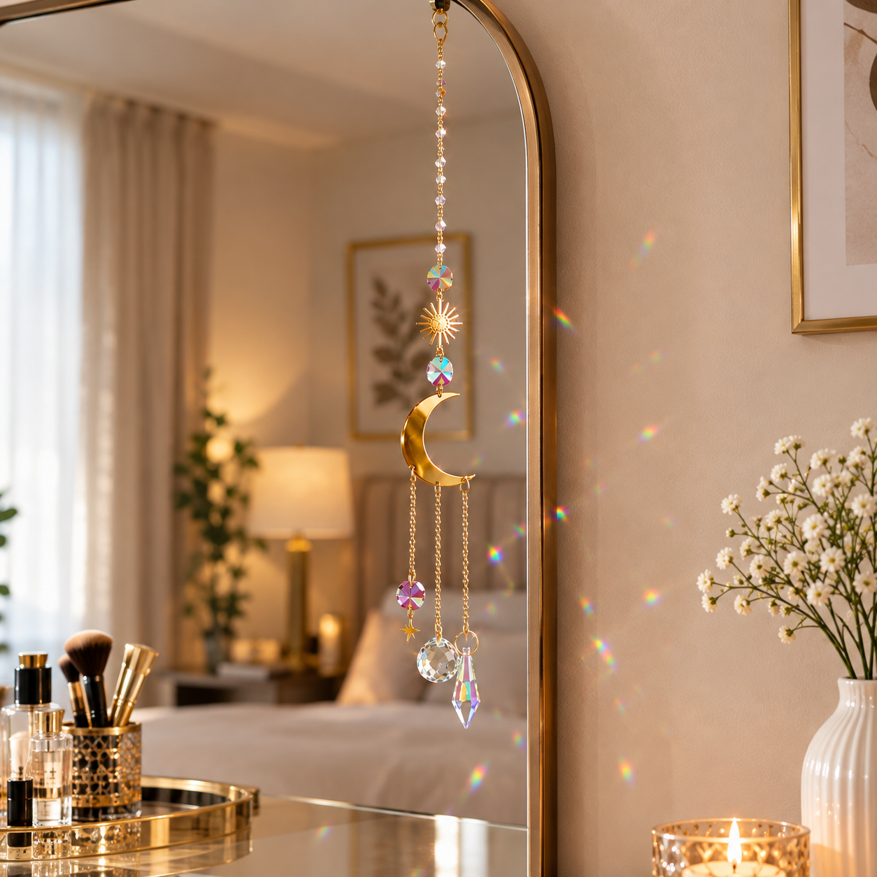 Golden Metallic Hanging Ornament with a Crescent Moon, Stars and Suncatcher Crystal Charm