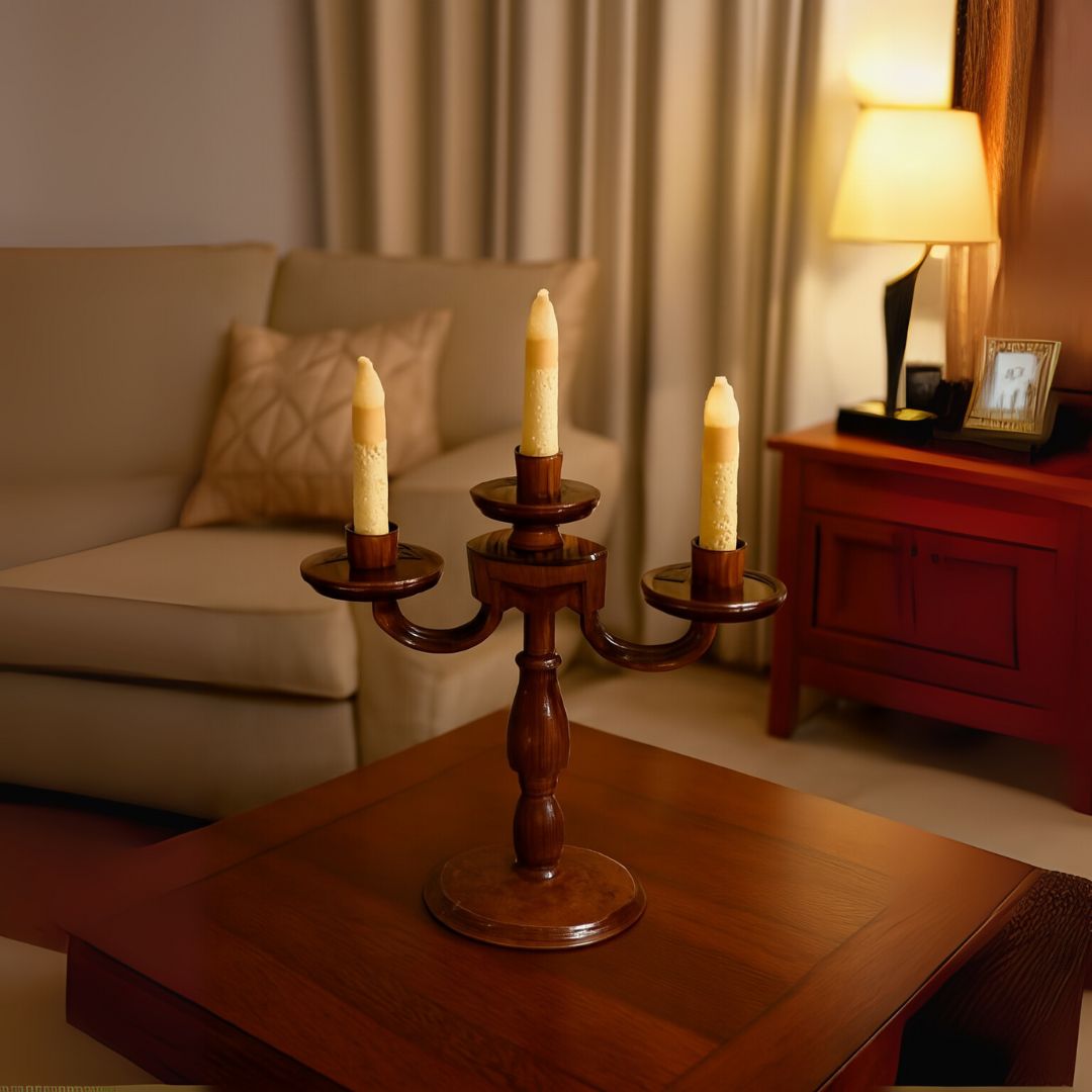 Handcrafted Large Wooden Candle Stand with 3 Holders (without candles)
