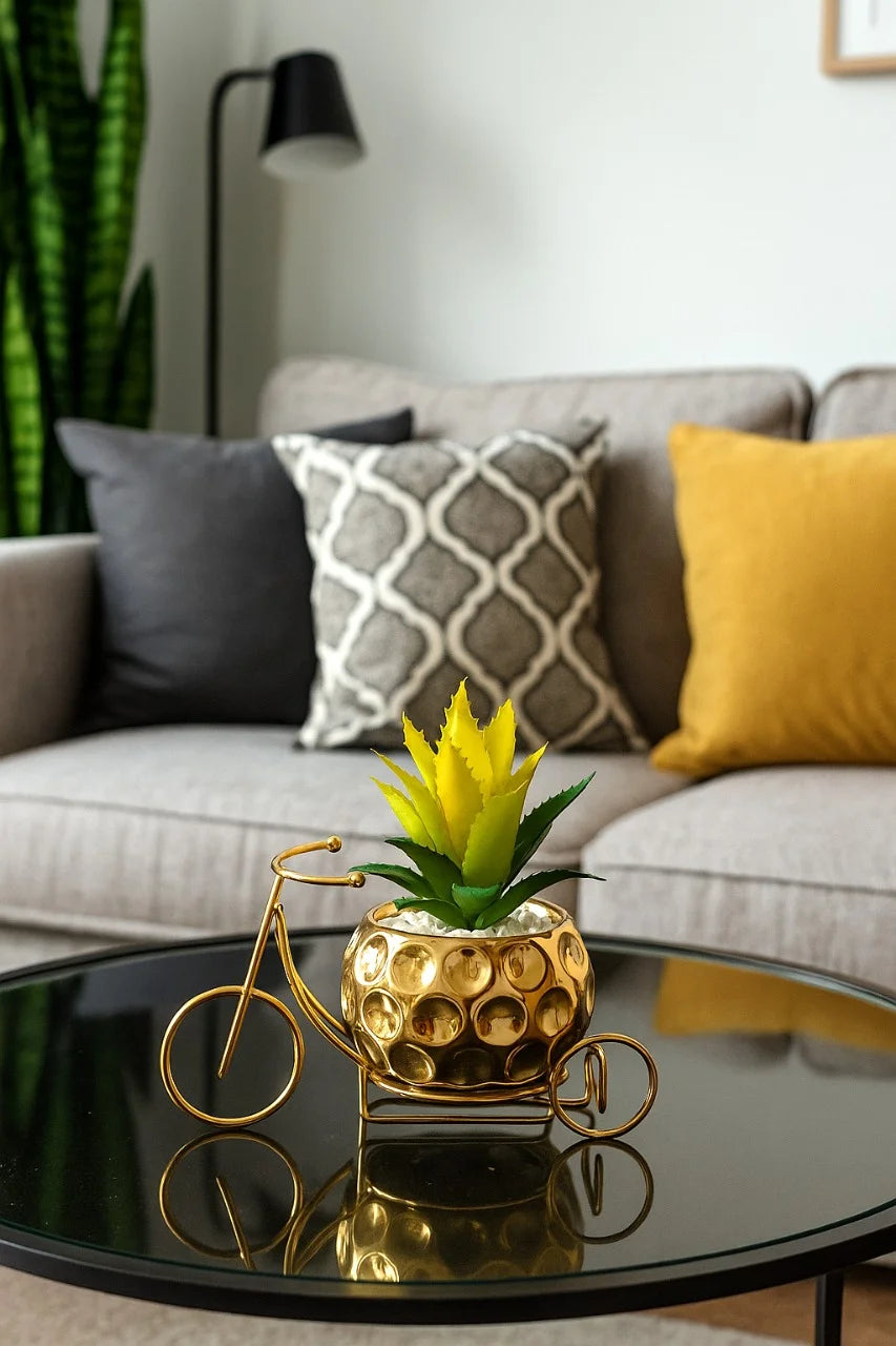 Classic Golden Ceramic Pot with Cactus Plant on Metallic Bicycle