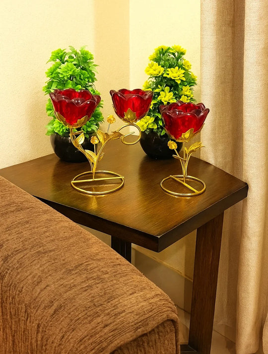 2-Pcs Set of Golden Metallic Stands with Red Glass Rose Holder