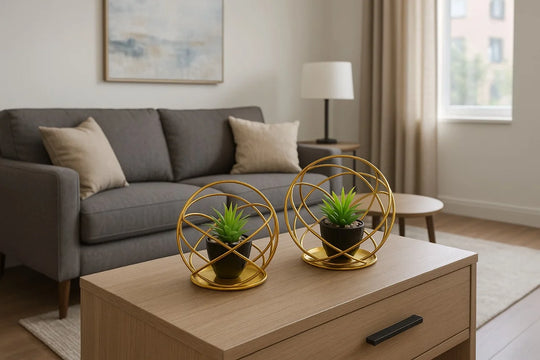 Cactus with Planter inside Acute Metallic Structure (2 Pcs set)