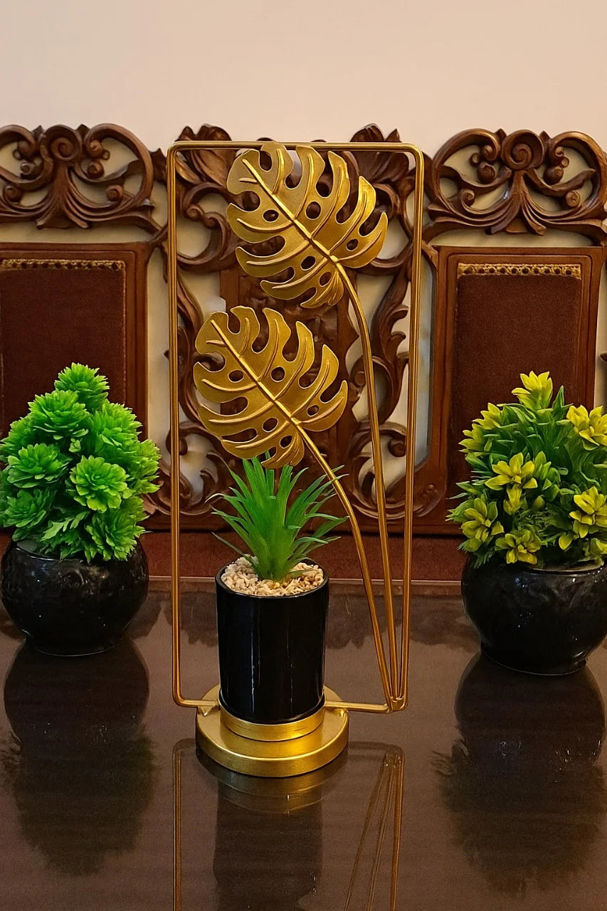 Cactus with Planter inside Rectangular Metallic Frame with Leaves