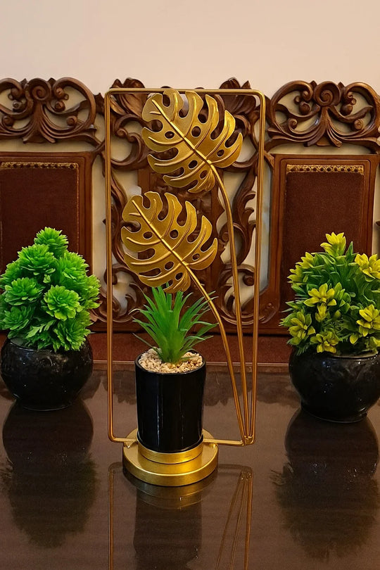 Cactus with Planter inside Rectangular Metallic Frame with Leaves