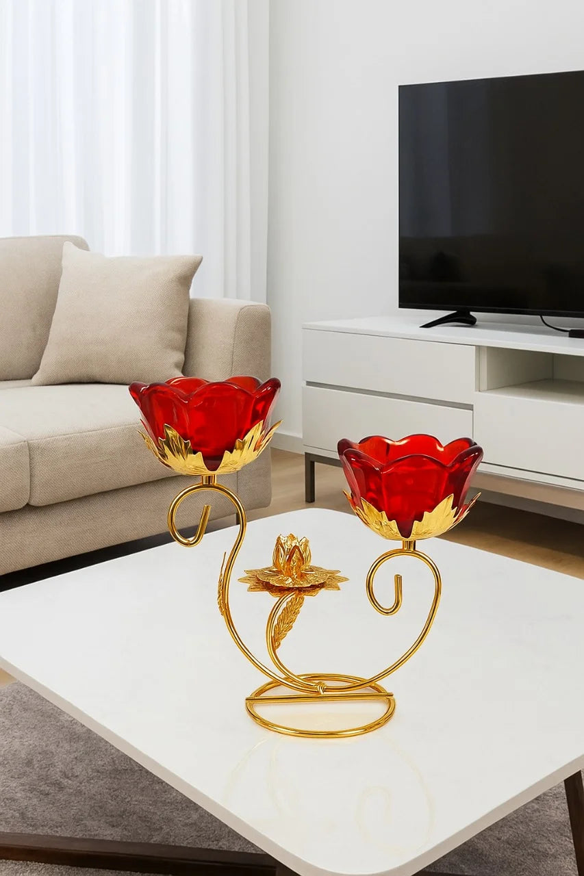 Golden Metallic Stand with 2 Red Rose Glass Holder