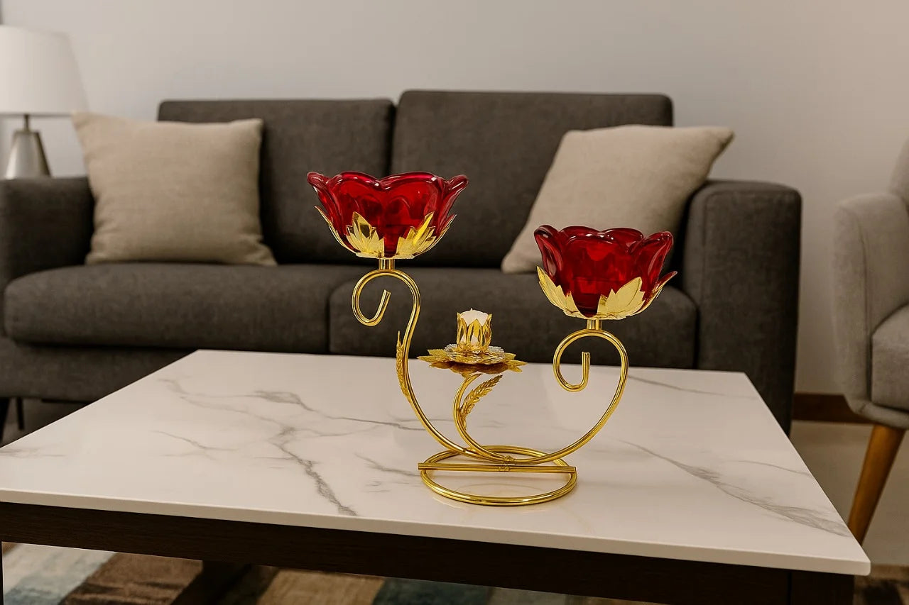 Golden Metallic Stand with 2 Red Rose Glass Holder