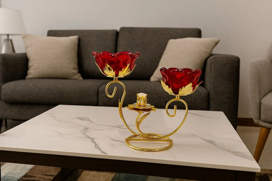 Golden Metallic Stand with 2 Red Rose Glass Holder