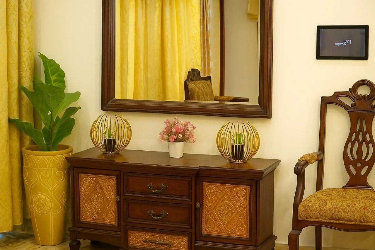 Cactus with Planter inside Acute Metallic Structure (2 Pcs set)