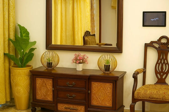 Cactus with Planter inside Acute Metallic Structure (2 Pcs set)