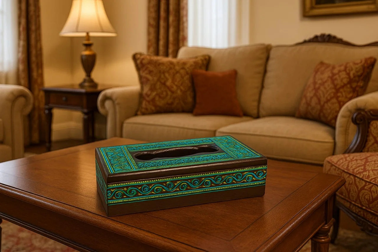Turquoise-Black Naqshi Wooden Tissue Box