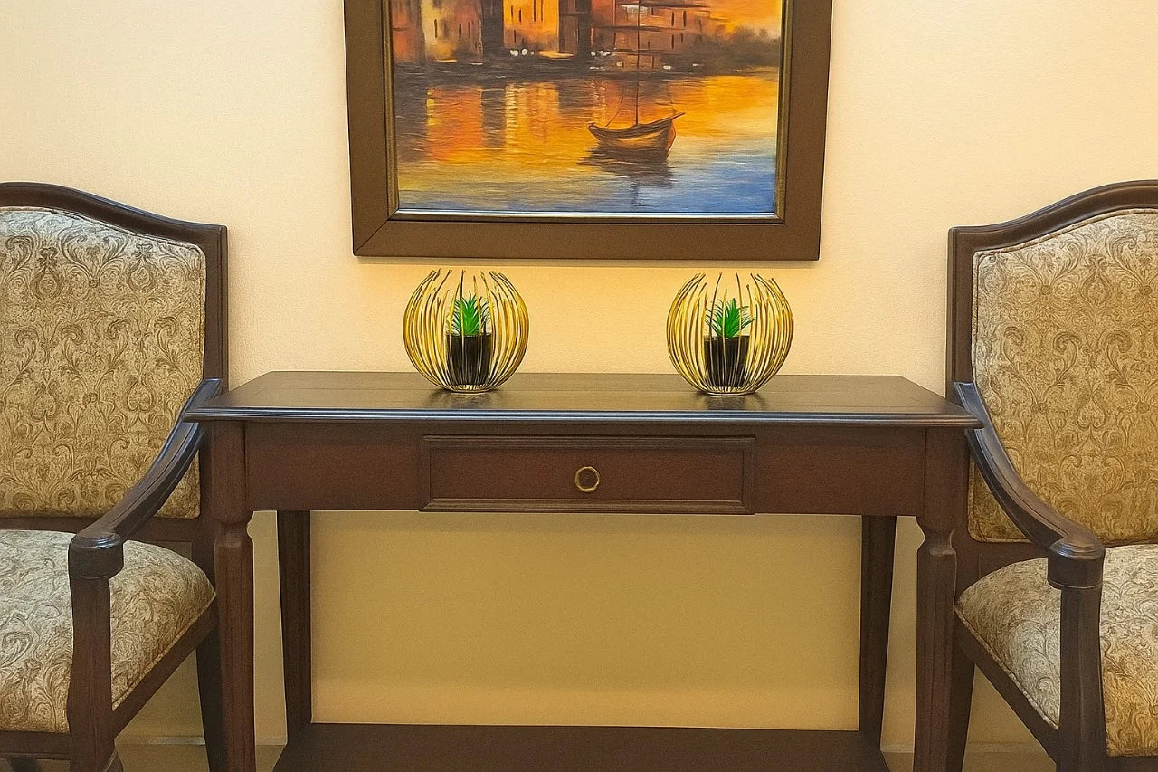 Cactus with Planter inside Acute Metallic Structure (2 Pcs set)