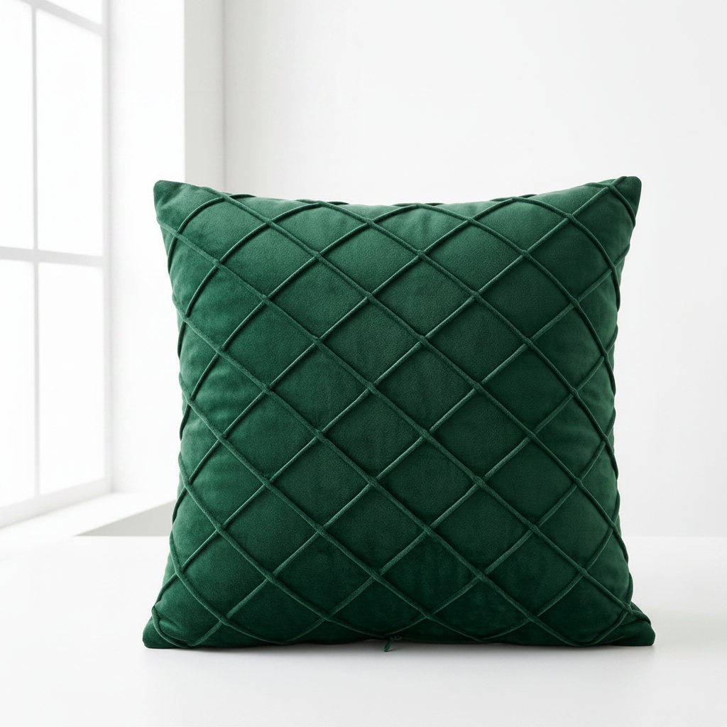 Pack of 2 Velvet Decorative Diamond Pleated Cushion Covers – Green (With Fillings)
