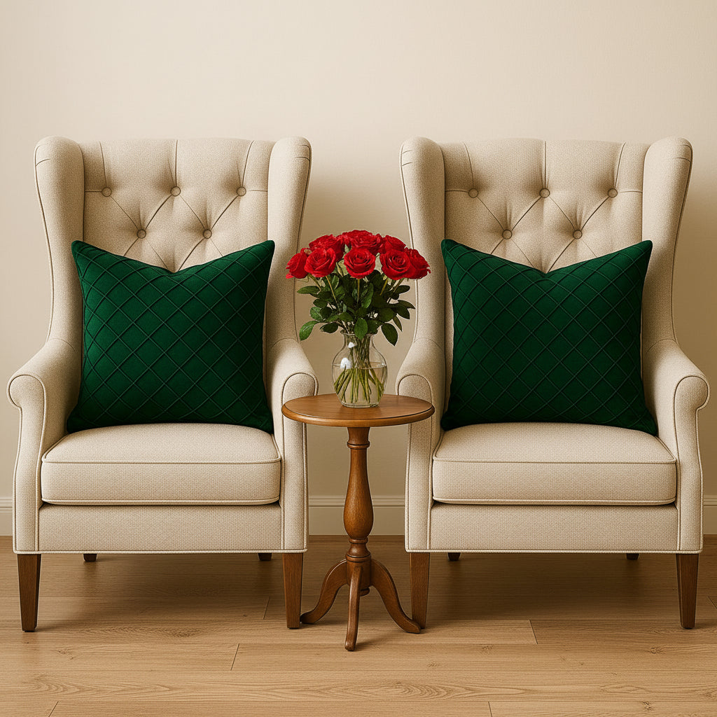 Pack of 2 Velvet Decorative Diamond Pleated Cushion Covers – Green (With Fillings)
