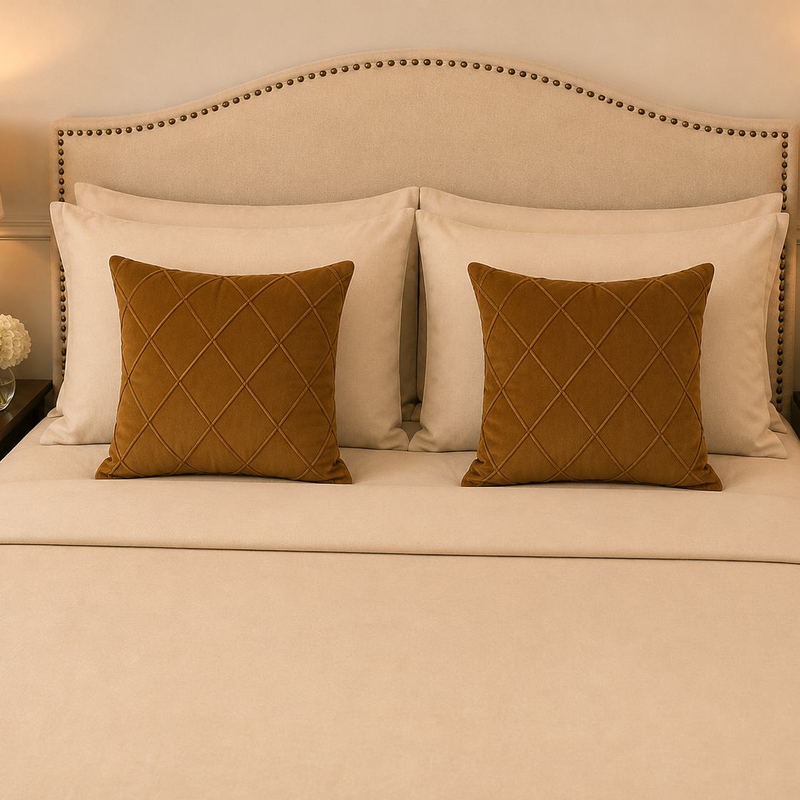 Pack of 2 Velvet Decorative Diamond Pleated Cushion Covers – Brown (With Fillings)