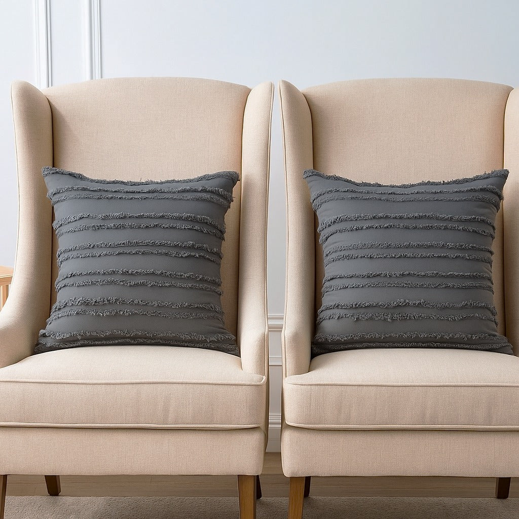 Pack of 2 Cushion Covers of Grey Cotton Terry Stripes fabric (Without Filling)