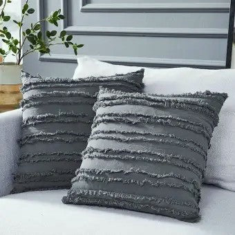 Pack of 2 Cushion Covers of Grey Cotton Terry Stripes fabric (Without Filling)