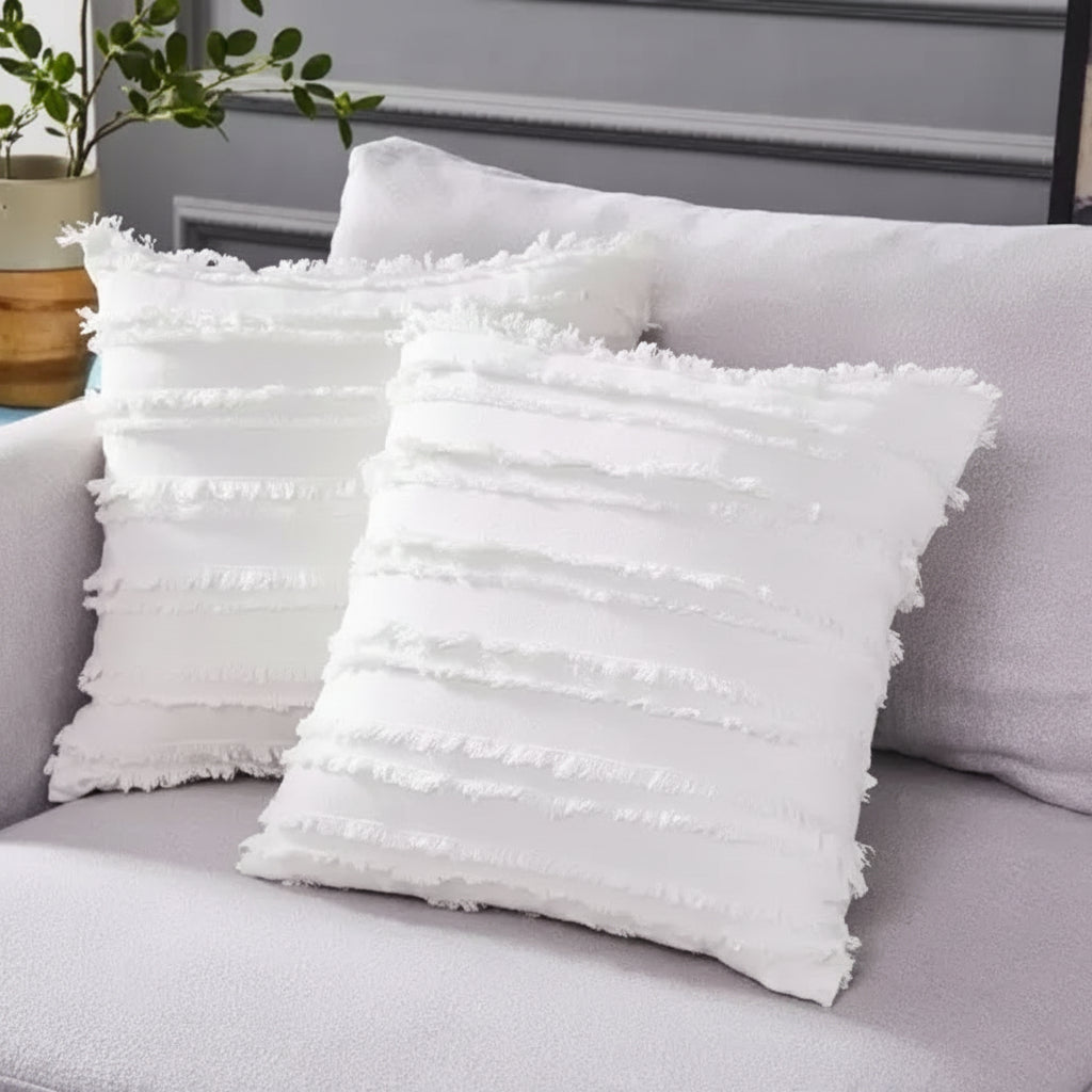 Pack of 2 Cushion Covers of Cream Cotton Terry Stripes fabric (Without Filling)