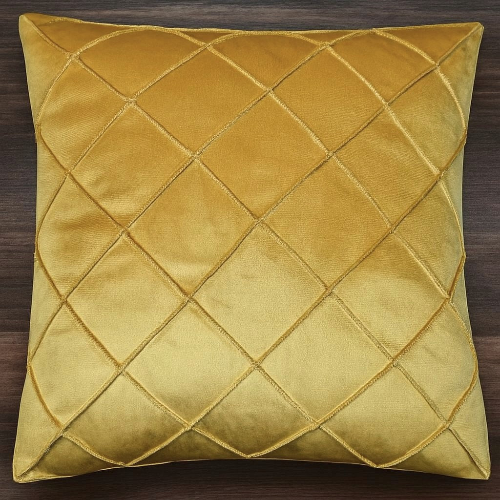 Pack of 2 Velvet Decorative Diamond Pleated Cushion Covers – Golden (Without Filling)