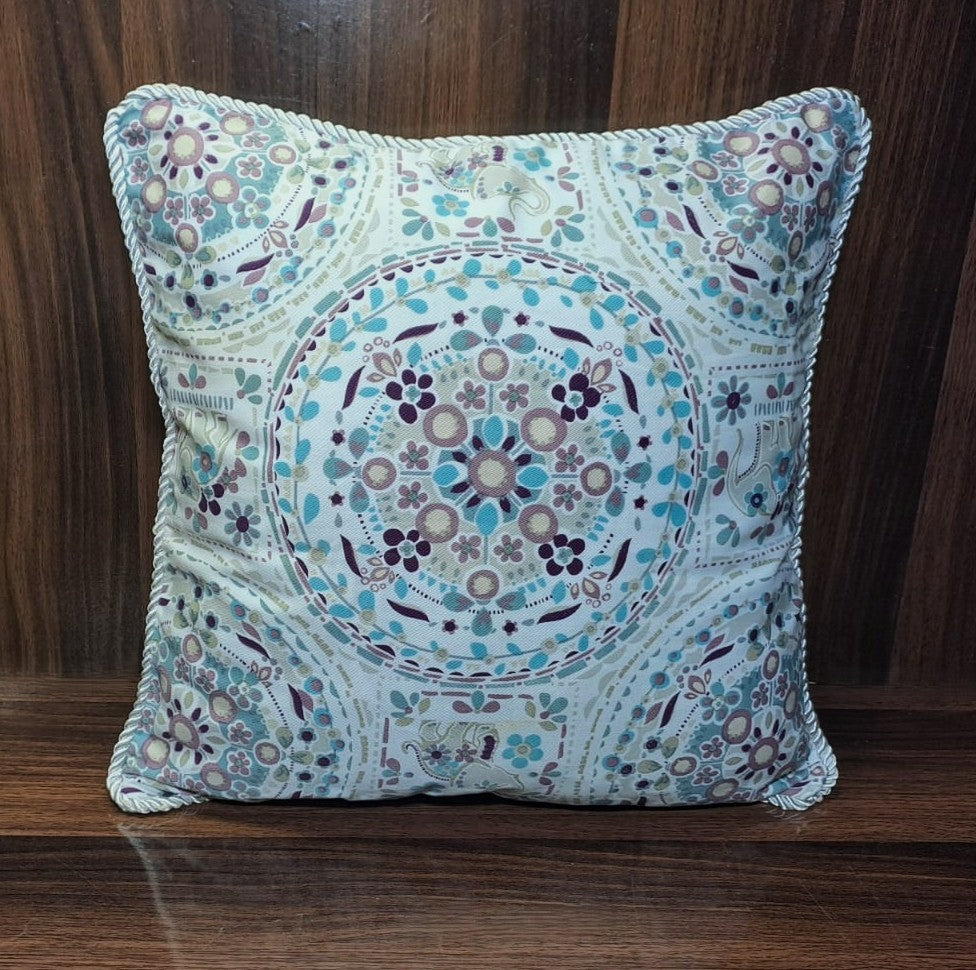 Pack of 2 Cushion Covers of Cotton Panama Printed Fabric embellished with Fancy Cord (Without Filling)