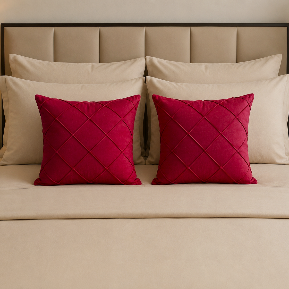 Pack of 2 Velvet Decorative Diamond Pleated Cushions – Maroon (With Fillings)