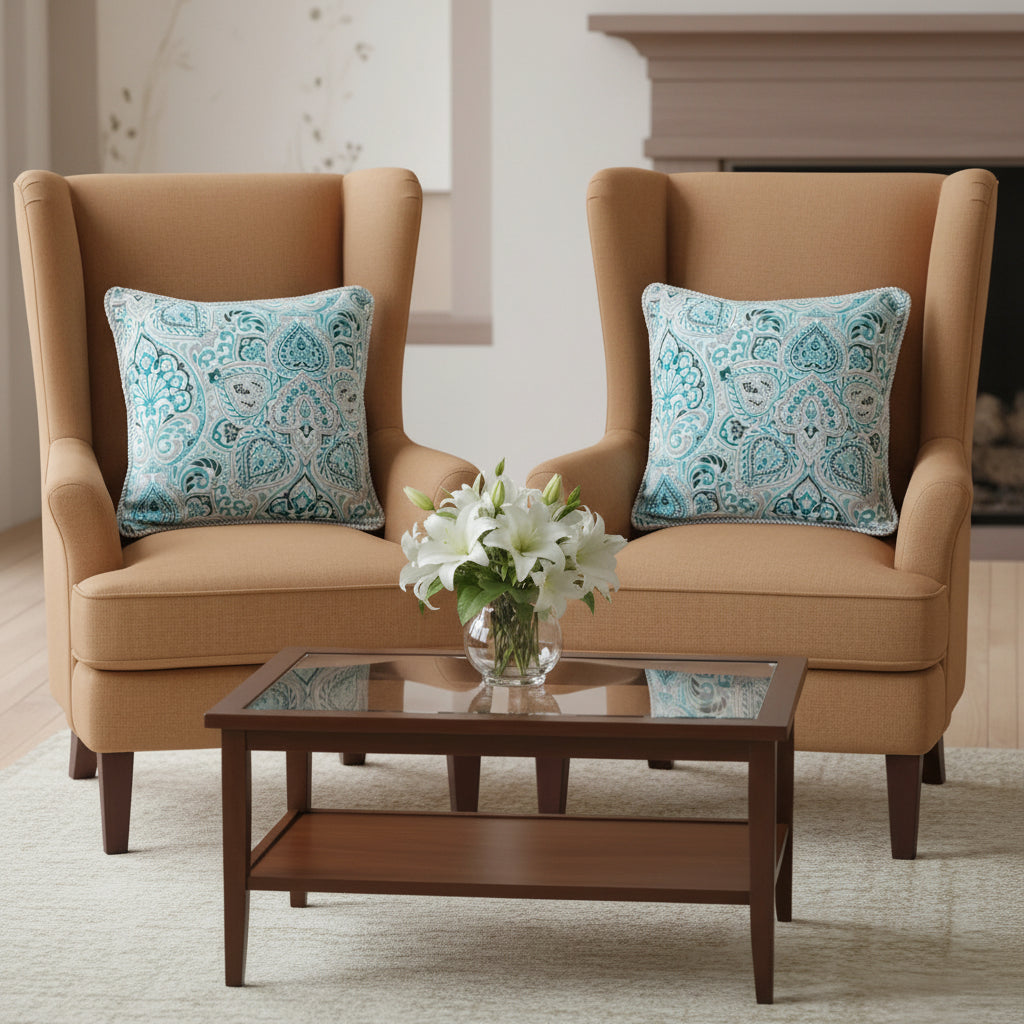 Pack of 2 Cushion Covers of Cotton Panama Printed Fabric embellished with Fancy Cord (Without Filling)