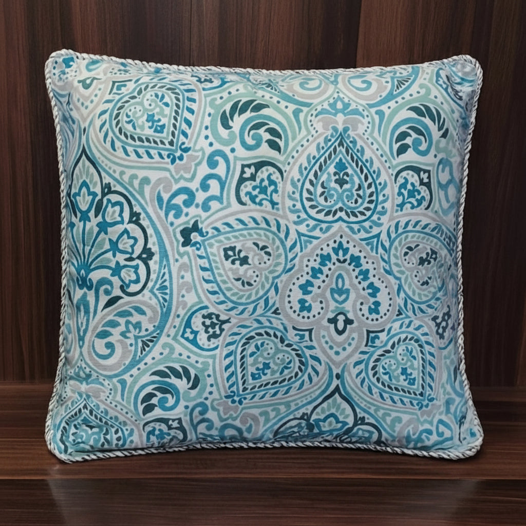 Pack of 2 Cushion Covers of Cotton Panama Printed Fabric embellished with Fancy Cord (Without Filling)