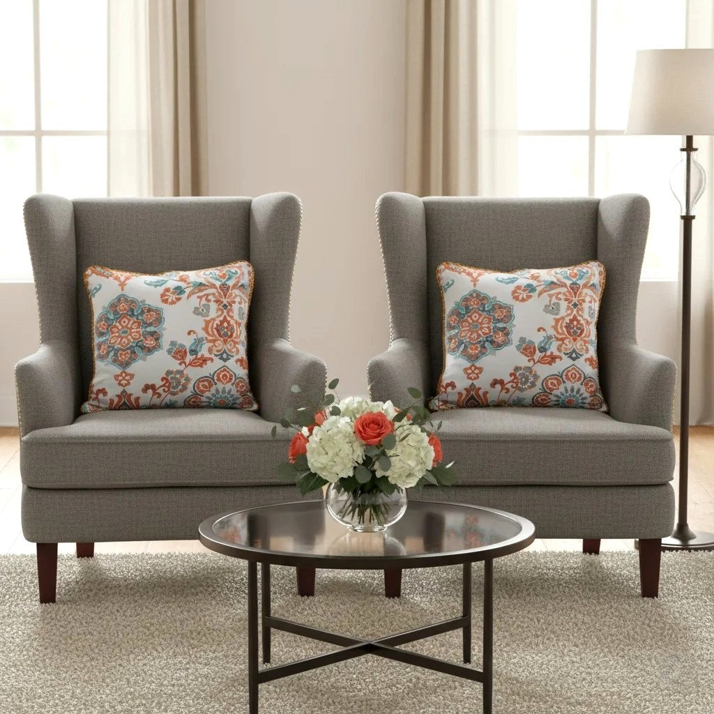 Pack of 2 Cushion Covers of Cotton Panama Printed Fabric embellished with Fancy Cord (Without Filling)