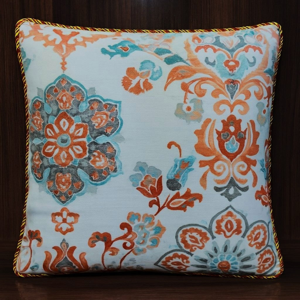 Pack of 2 Cushion Covers of Cotton Panama Printed Fabric embellished with Fancy Cord (Without Filling)