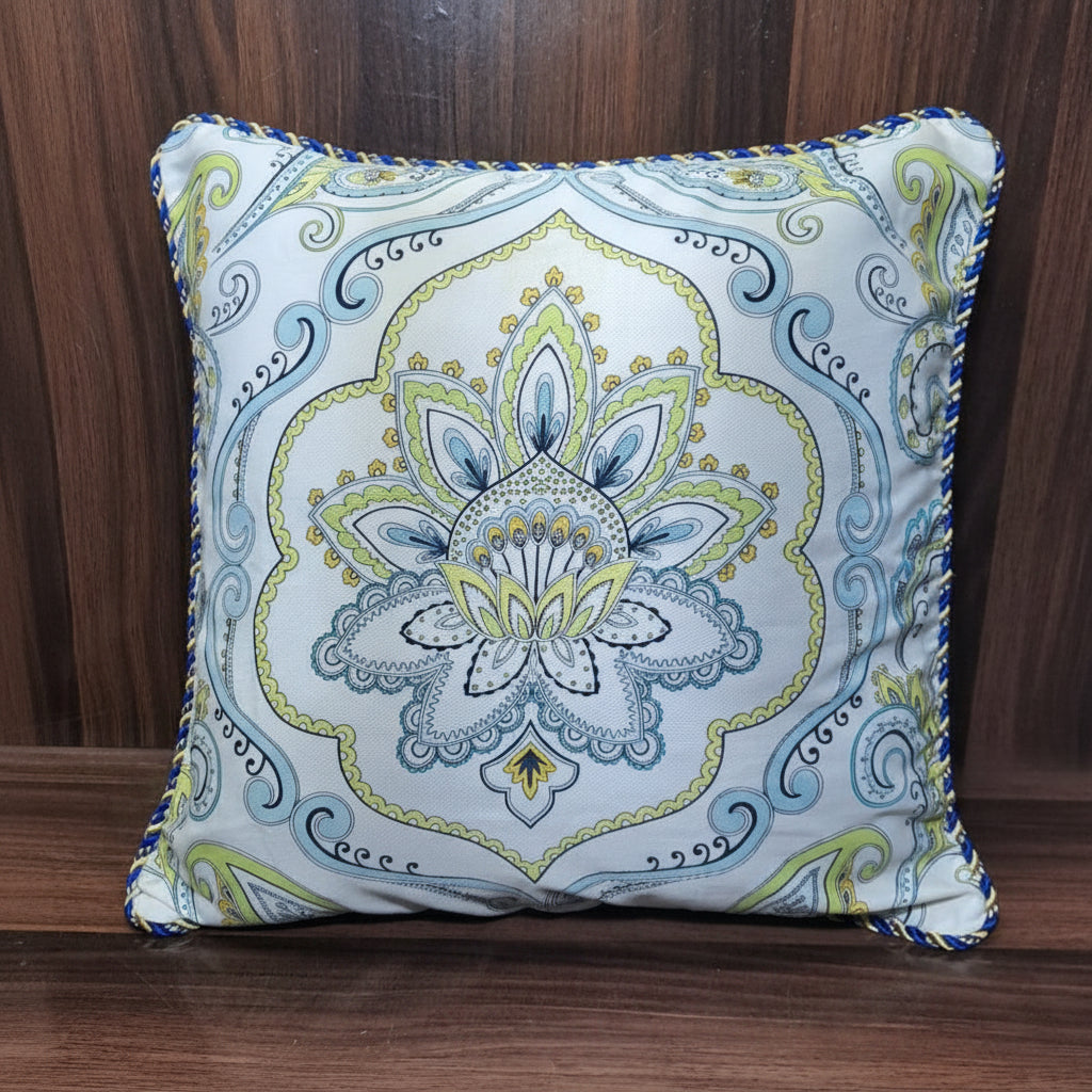 Pack of 2 Cushion Covers of Cotton Panama Printed Fabric embellished with Fancy Cord (Without Filling)