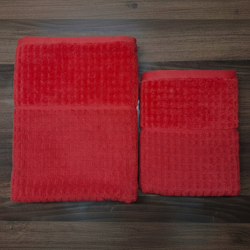 2 Pcs Premium Quality Velour Border Jacquard Towels Set (Red)