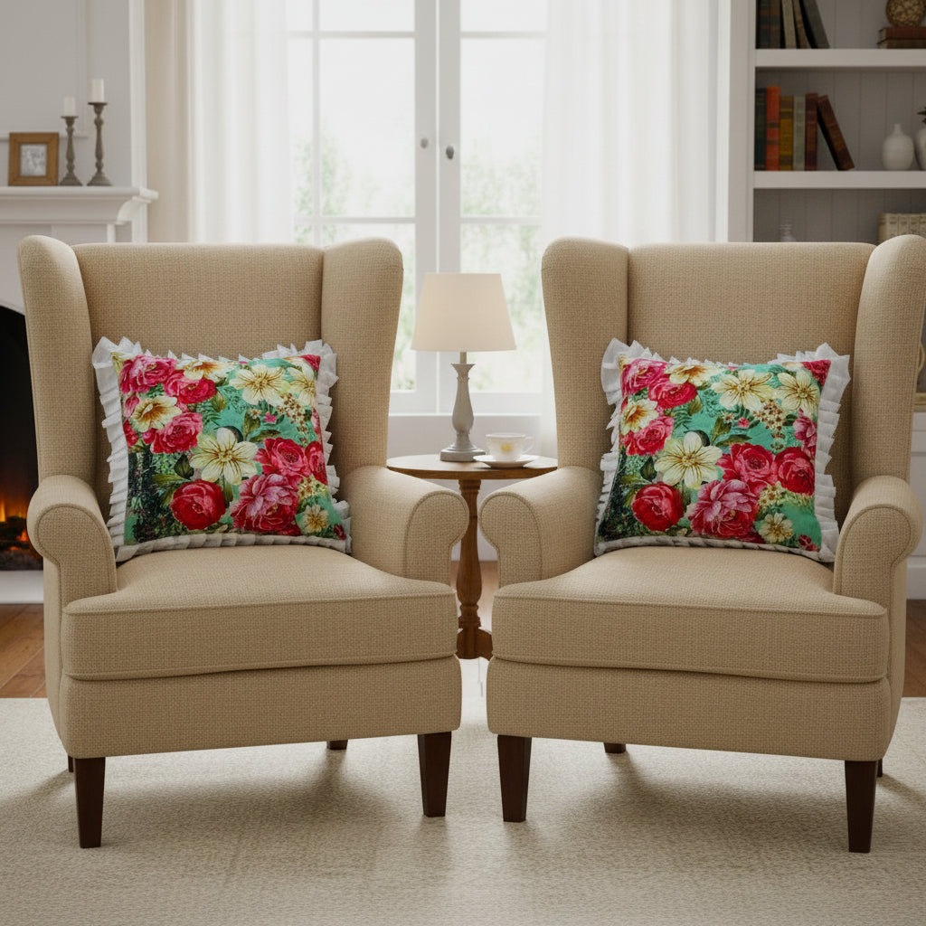 Pack of 2 Cushion Covers of Microfiber Printed Fabric embellished with Lace (without Filling)