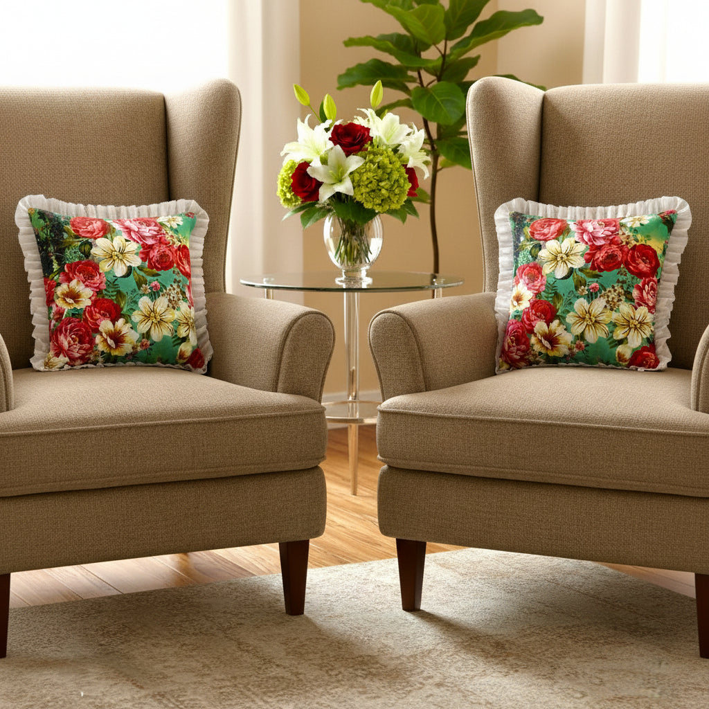 Pack of 2 Cushion Covers of Microfiber Printed Fabric embellished with Lace (without Filling)