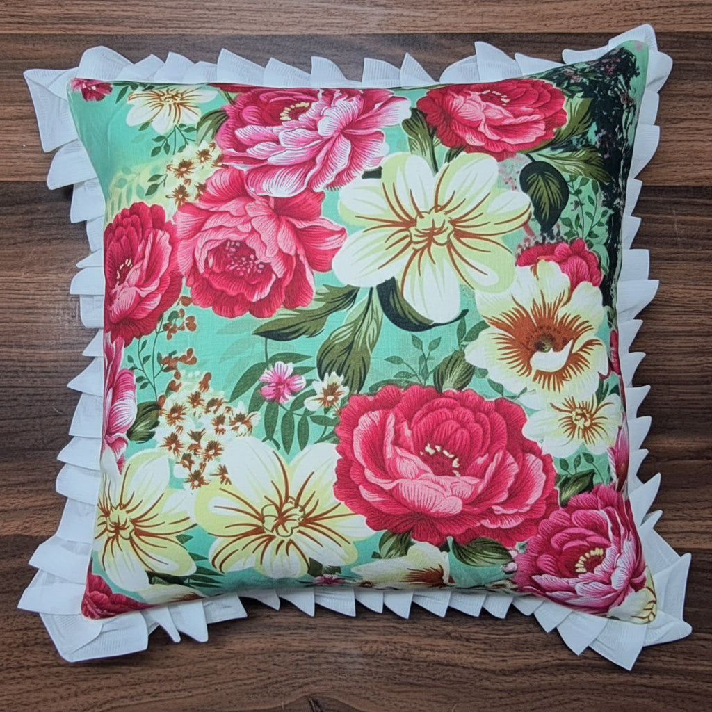 Pack of 2 Cushion Covers of Microfiber Printed Fabric embellished with Lace (without Filling)