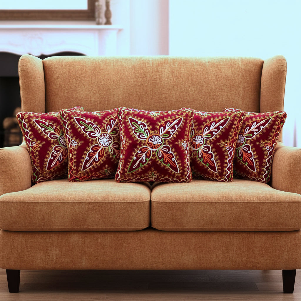 Pack of 5 Cushion Covers of Embroidered Jacquard Fabric embellished Fancy Cord (without Filling)