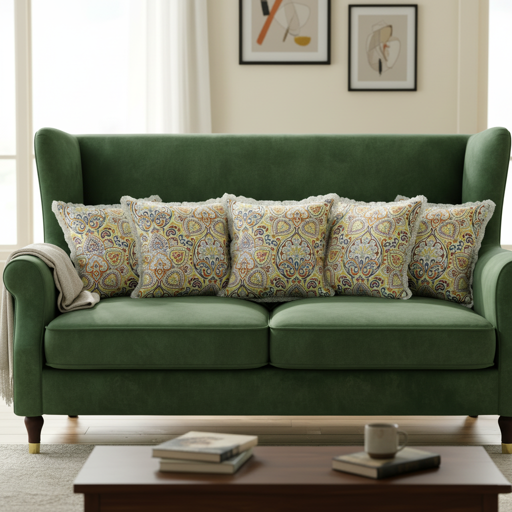 Pack of 5 Cushion Covers of Cotton Printed Fabric embellished with Lace (without Filling)