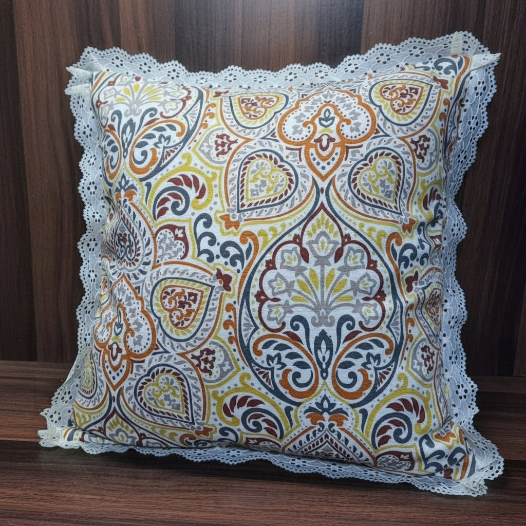 Pack of 5 Cushion Covers of Cotton Printed Fabric embellished with Lace (without Filling)