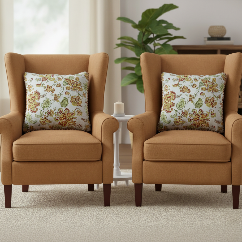 Pack of 2 Cushion Covers of Cotton Panama Printed Fabric embellished with Fancy Cord (Without Filling)