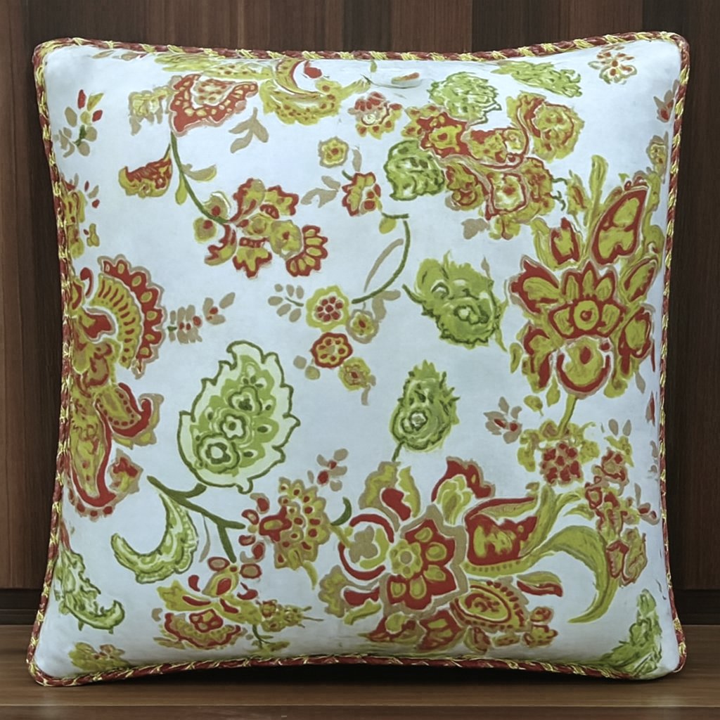 Pack of 2 Cushion Covers of Cotton Panama Printed Fabric embellished with Fancy Cord (Without Filling)