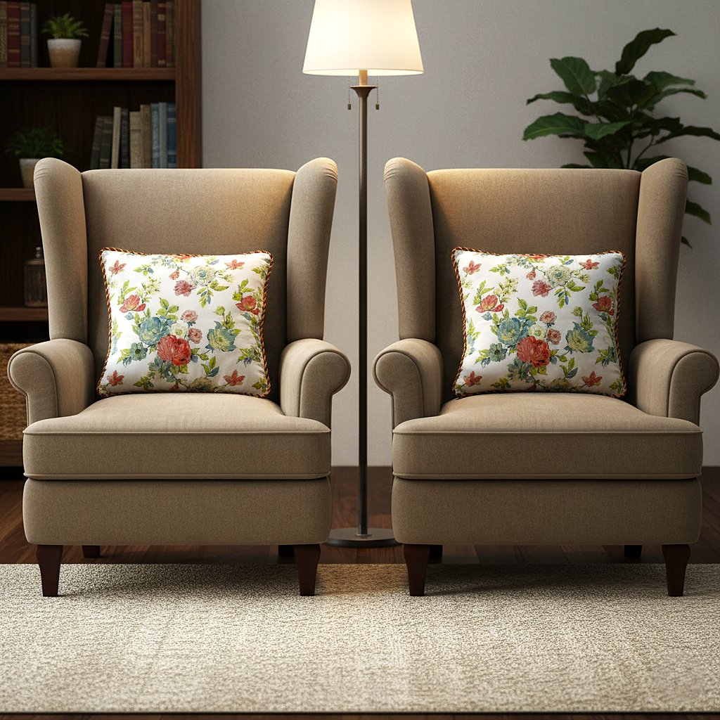 Pack of 2 Cushion Covers of Cotton Panama Printed Fabric embellished with Fancy Cord (Without Filling)